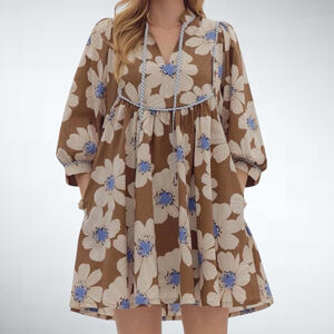 Entro Floral Print Bubble Sleeves Mini Dress in Brown Size S